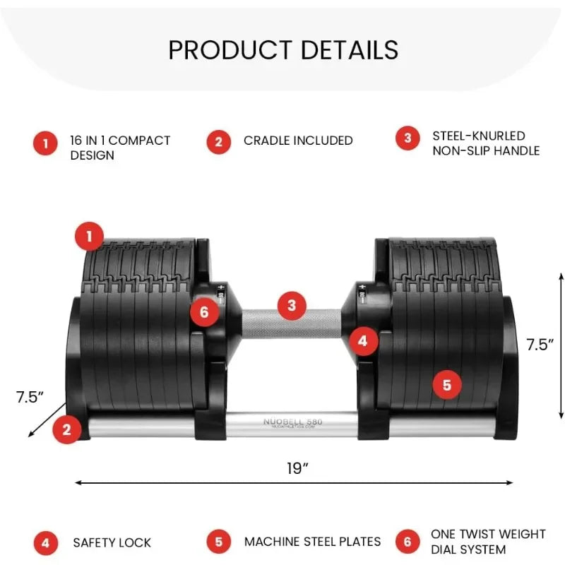 NUOBELL Adjustable Dumbbells 5–80 lb